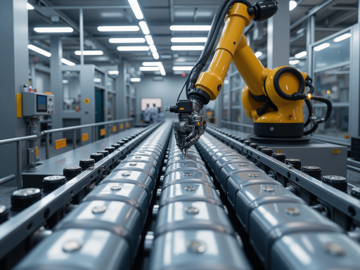 现代化生产车间内部，自动化设备整齐排列，工人正在操作机器